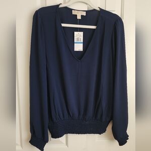 Michael Kors NWT Navy V-Neck Long Sleeve Smocked-Hem Sz XL Blouse